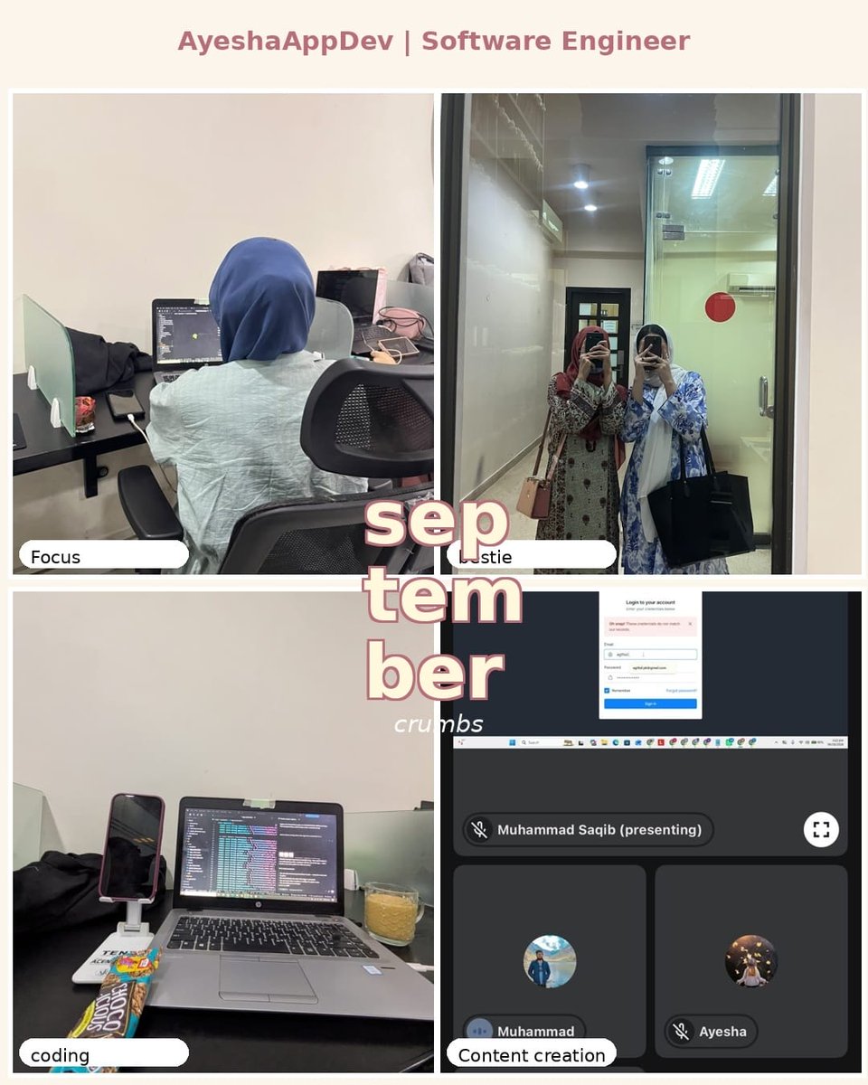 ayeshappdev's tweet photo. sep·tem·ber crumbs
life lately: coding at 2am, chai breaks, bestie checks,
and creating content that feels like me.
AyeshaAppDev | still learning, still building 💻✨ #septemberdump #lately #codinglife #softwareengineerlife #aesthetic https://t.co/NaEcgpP5y7