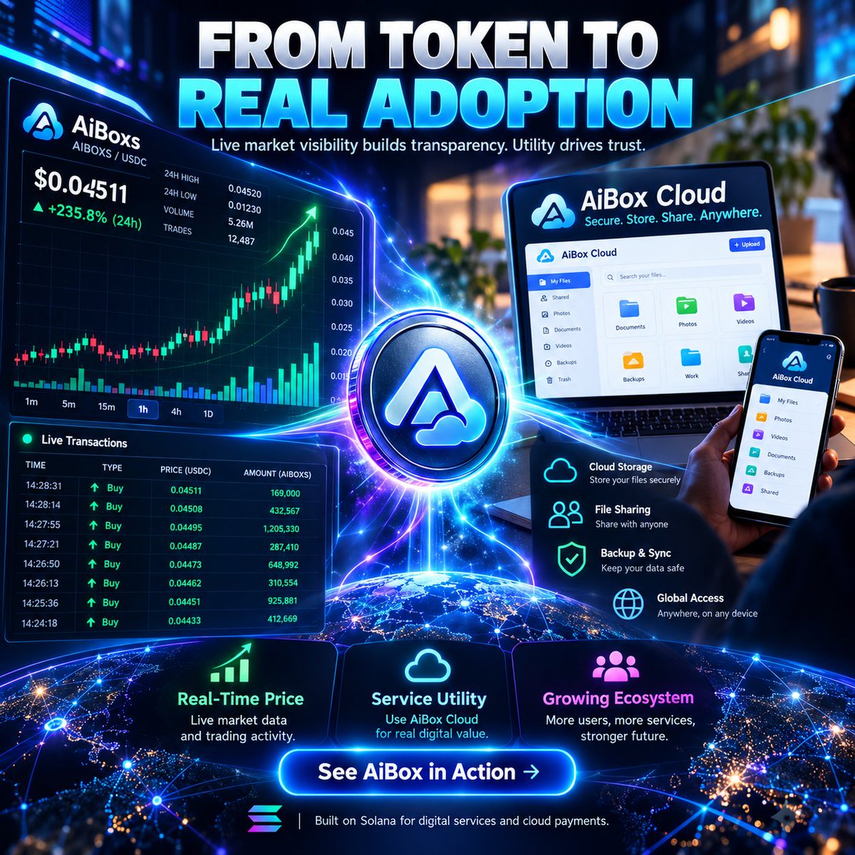 aiboxtoken's tweet photo. AiBoxs is more than a token. It is becoming part of the AiBox ecosystem.
Live market activity gives users a transparent view of how AiBoxs is being traded in real time.
But the bigger story is utility and adoption.
AiBoxs is designed to connect real digital services with on-chain payments — including AiBox Cloud storage and AiBox Tech Solutions services.
Live Price. Real Utility. Growing Adoption.
📷 Transparent market activity
📷 Real-time price visibility
📷 Built on Solana
📷 Connected to AiBox services
📷 Designed for real-world digital utility
AiBoxs Token
From on-chain value to real-world use.
CA: 5xgXWFdZjRTWeYK2ATz9oQvmBRkUFk6DBuh5Cyg6pump
#AiBoxs #AiBoxCloud #Solana #Web3 #UtilityToken #CryptoAdoption #DigitalInfrastructure #TokenUtility