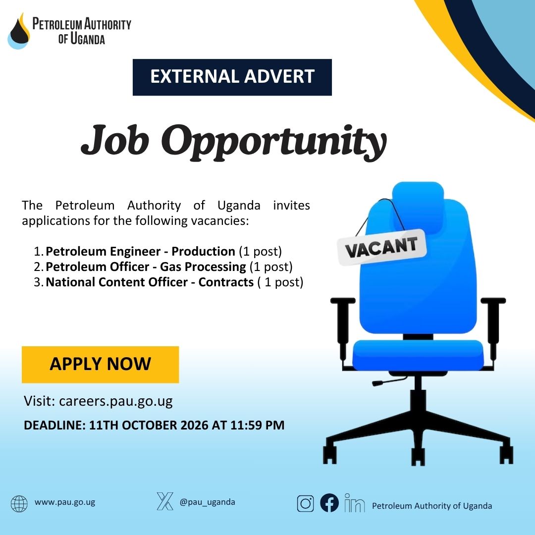 PAU_Uganda's tweet photo. Vacancy Alert! 📢

Are you ready to be part of Uganda’s petroleum future? If you have the skills, passion, and drive to make a difference, this is your opportunity to join the team at @PAU_Uganda.

🔗 Apply here: https://t.co/m4ahHC1LDJ

Be part of the journey as we continue to create lasting value from Uganda’s petroleum resources for current and future generations.

#CreatingLastingValue #UGOilJourney #CareerOpportunity
