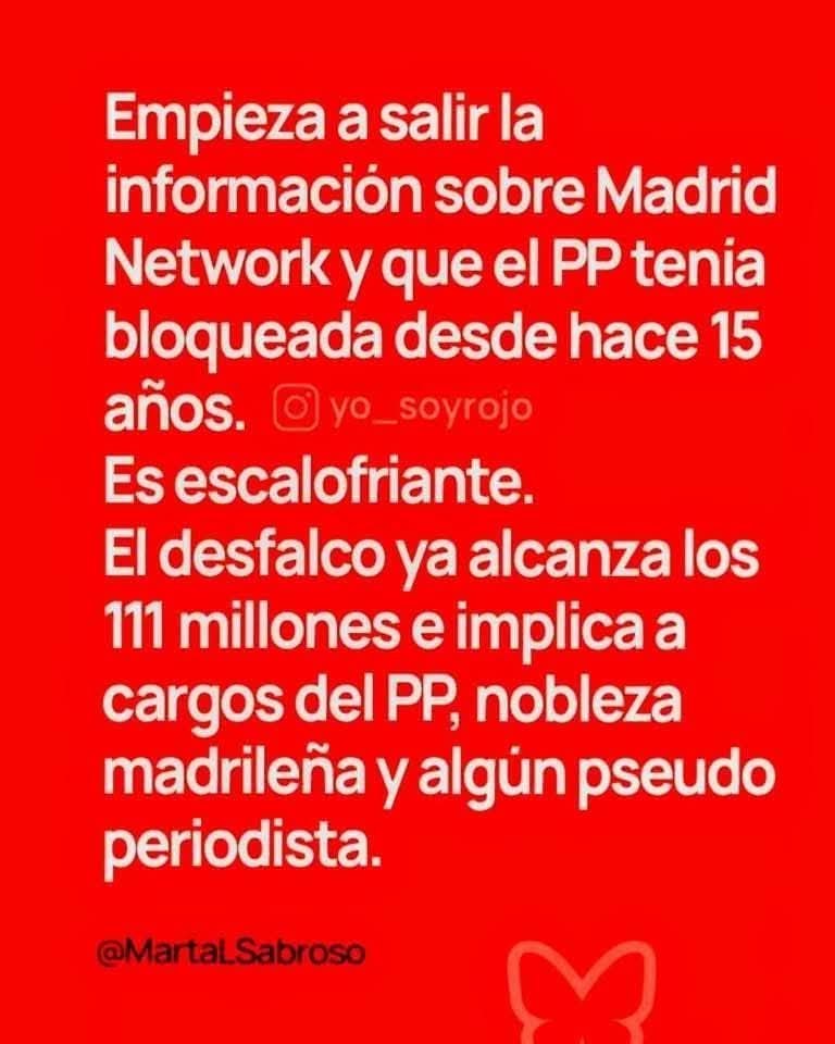 jebl_'s tweet photo. 🚨 Escándalo monumental en Madrid: destapan el saqueo de más de 100M€ públicos en la trama Madrid Network. Años de silencio y encubrimiento político para rellenar los bolsillos de altos cargos del PP, la aristocracia y sus altavoces mediáticos afines...
¡Una vergüenza absoluta! https://t.co/I4H8z7ODtq