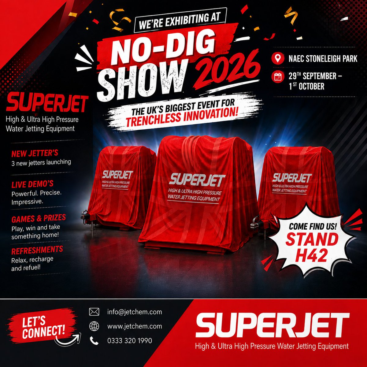 Superjet_UK's tweet photo. Our team is off to setup for No-Dig Show 2026. Why not come along to our stand and see a range of jetting and drainage equipment, plus the launch of our brand new jetters.

Find us here - https://t.co/hSrivtGe1o
We are on outside STAND H42

#superjet #nodiglive https://t.co/Npio6JMcVt
