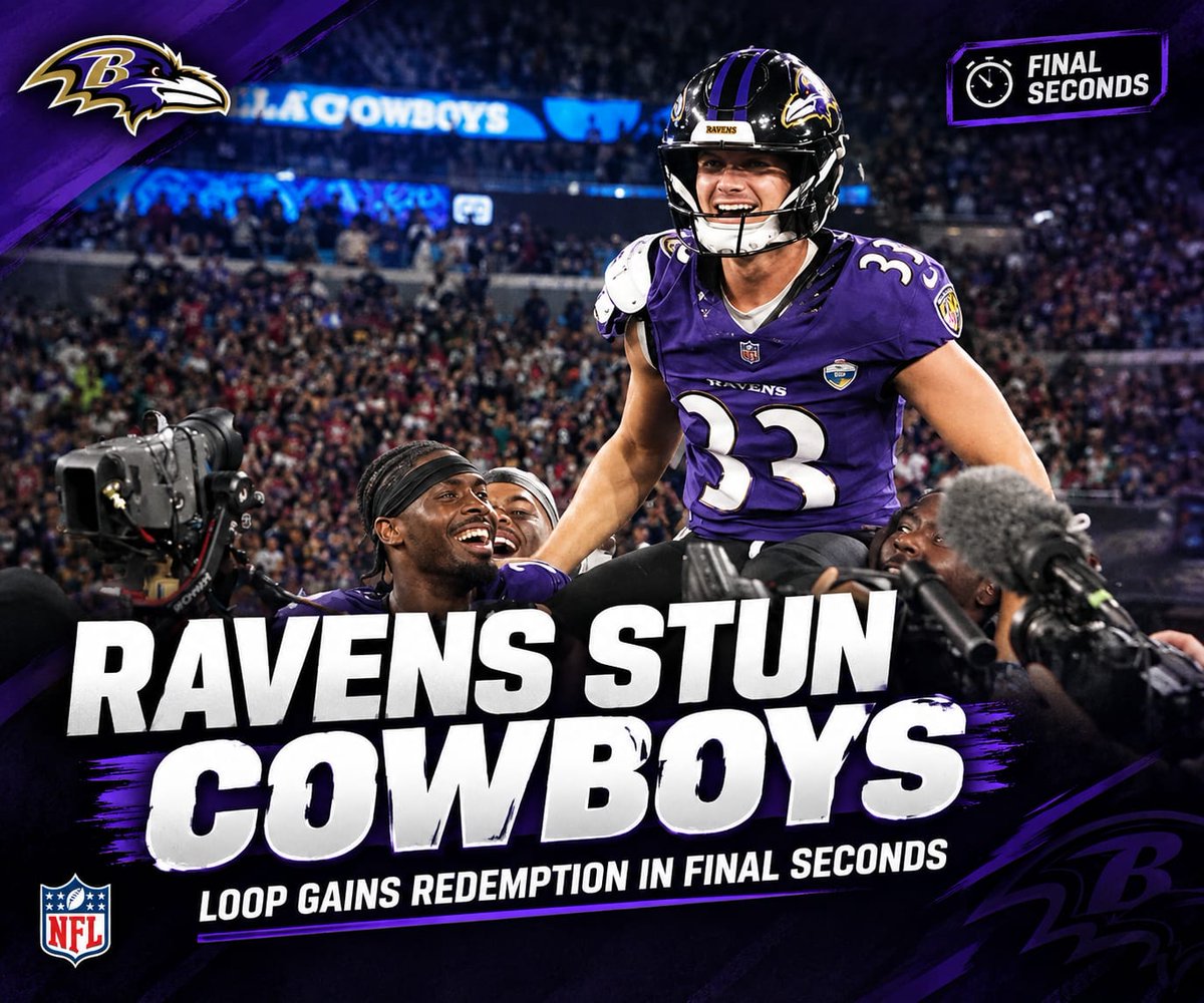 wexlerkim35's tweet photo. 🚨 FINAL-SECOND THRILLER: The Ravens stunned the Cowboys as Loop delivered a redemption moment when it mattered most!
Baltimore pulled off a dramatic finish to steal the win in the closing seconds. 🏈🔥
👉 Read the full story: https://t.co/elZqBDQBDF
#Ravens #Cowboys #NFL https://t.co/AOQfVpoWdZ