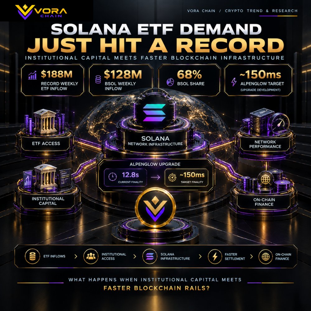 VORAChainHQ's tweet photo. SOLANA ETF DEMAND JUST HIT A RECORD.

U.S. spot Solana ETFs attracted a record $188M in weekly net inflows.

Bitwise's BSOL accounted for about $128M — 68% of the total.

At the same time, Solana is testing Alpenglow, targeting ~150ms finality.

ETF access + institutional capital + faster blockchain infrastructure.

Could these become the next layer of on-chain financial markets?