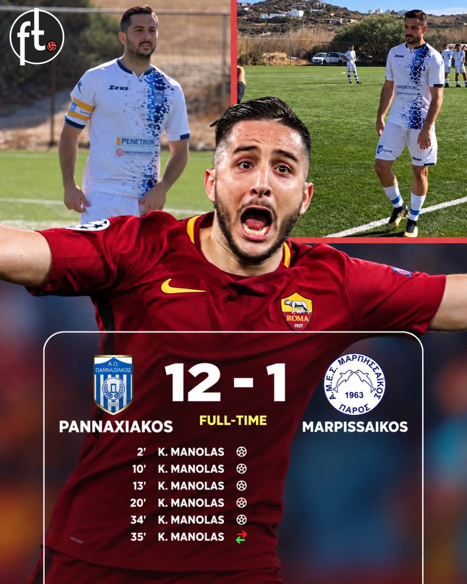 Footballtweet's tweet photo. 🇬🇷🤯 Two years ago, Kostas Manolas returned to his boyhood club Pannaxiakos to play amateur football after leaving the professional game.

On his debut, the former Roma and Napoli defender was thrown up front… and absolute chaos followed:

⚽️ FIVE goals
⏱️ 34 minutes
🔥 12-1 win
😂 Subbed off after his fifth

From Champions League nights to scoring five before half-time in Greek amateur football. What a way to spend retirement. 😂👏