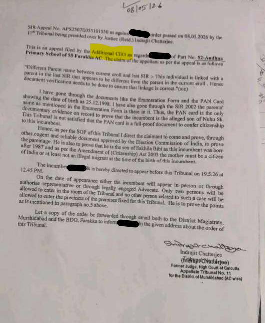chhuti_is's tweet photo. 1/ On May 8, 2026, a Murshidabad tribunal reviewed an appeal to strip a voter's rights in Farakka. The judge noted the voter had already been cleared and the appellant filing to remove him was the Additional CEO himself. https://t.co/SF81LNISgH