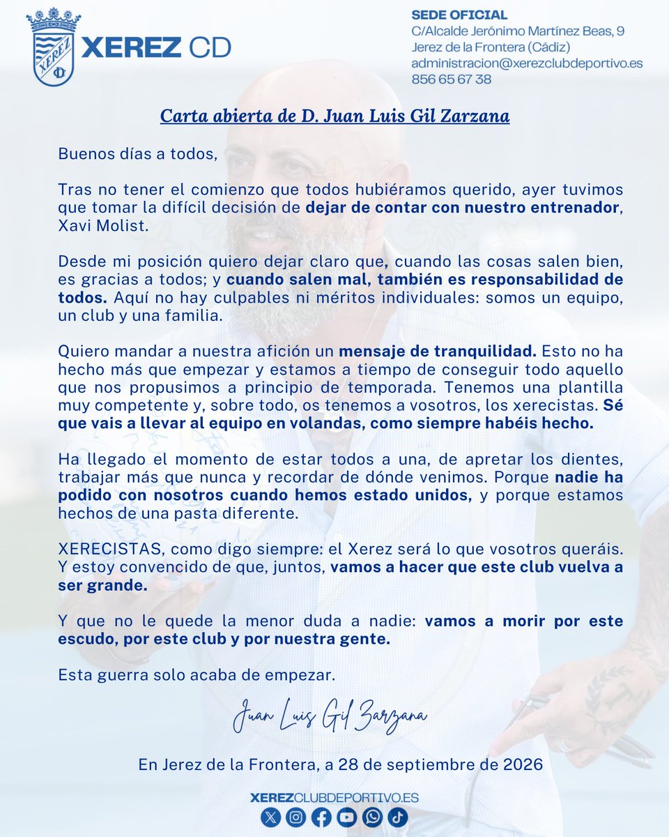 XerezCD_OFICIAL's tweet photo. ✍🏻 𝗖𝗮𝗿𝘁𝗮 𝗽𝘂́𝗯𝗹𝗶𝗰𝗮 de Juan Luis Gil a todo el xerecismo. https://t.co/OHQFTHZ8s7