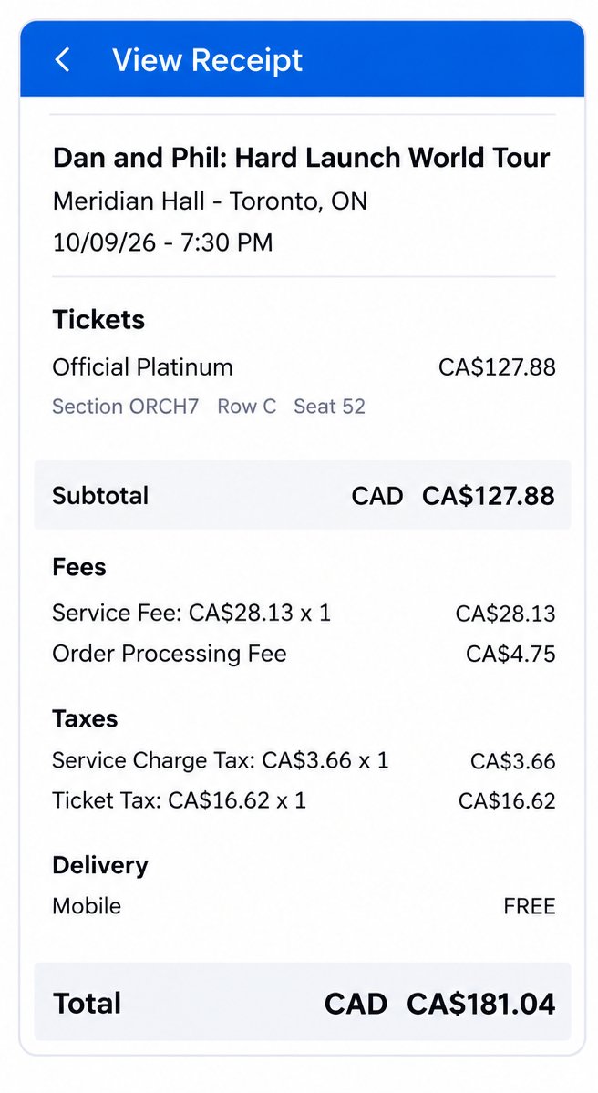 protiocaleb's tweet photo. 🎟️ TICKET AVAILABLE — DAN &amp; PHIL: HARD LAUNCH WORLD TOUR 💜
I’m selling 1 ticket for the Dan &amp; Phil: Hard Launch World Tour in Toronto!
📅 Friday, October 9, 2026
⏰ 7:30 PM
📍 Meridian Hall, Toronto, ON
🎫 Official Platinum — Orchestra 7, Row C, Seat 52
💰 CA$180 — flat price https://t.co/DCyIkpXOVO