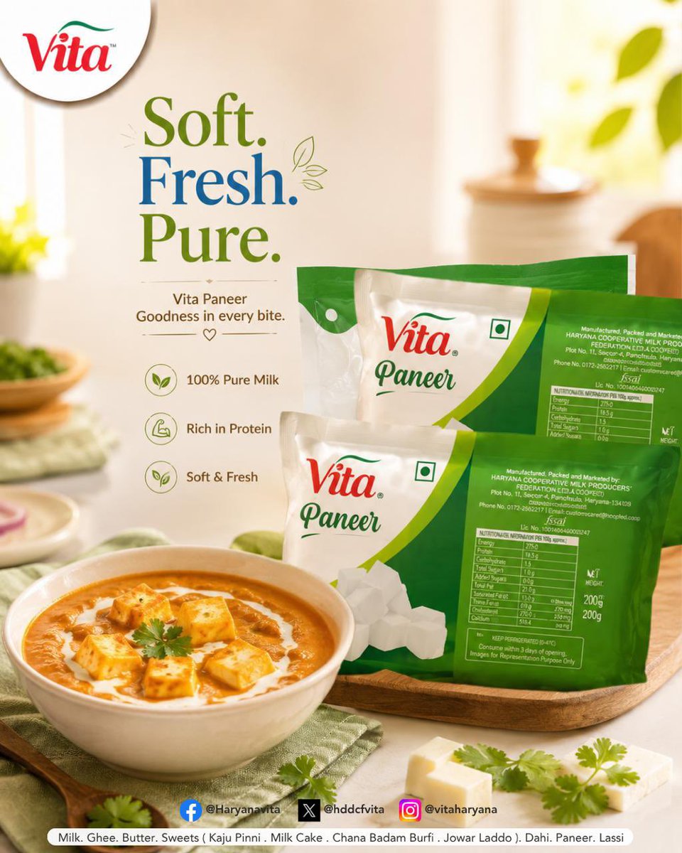 HDDCFVITA's tweet photo. Soft. Fresh. Pure. ๐ค
Bring home the wholesome goodness of VITA Paneer โ made from 100% pure milk, rich in protein and perfect for turning everyday meals into something delicious. ๏ฟฝ๏ฟฝ
Freshness you can taste, goodness you can trust.
#VITA #VITAHaryana #VITAPaneer #PureGoodness https://t.co/SpkALsUQbz