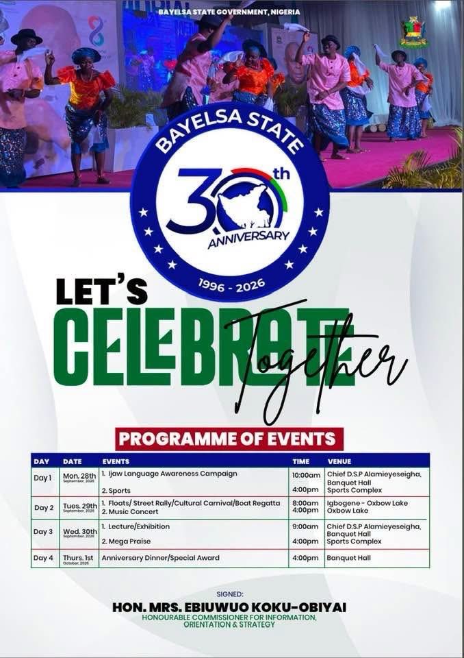 PatrickIpidei's tweet photo. Happy New Week Bayelsans!

Today, we officially begin activities to celebrate the 30th anniversary of the creation of our great State of Bayelsa.

Let’s celebrate progress and legacies. The future of our state looks bright, and it requires collective action from all. https://t.co/SxwiwbvEZa