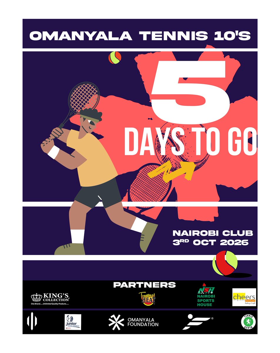 _omanyalaF's tweet photo. In just 5 days, young tennis stars will take over Nairobi Club for the Omanyala Tennis 10s.

📅 3 October 2026
📍 Nairobi Club

📝 Registration closes 30 September
👉🏾 Register via link in bio 

📞 For assistance: +254 712 695 471
#OmanyalaFoundation
#IdentifyNurtureMonetize https://t.co/tO7OZi5U3P
