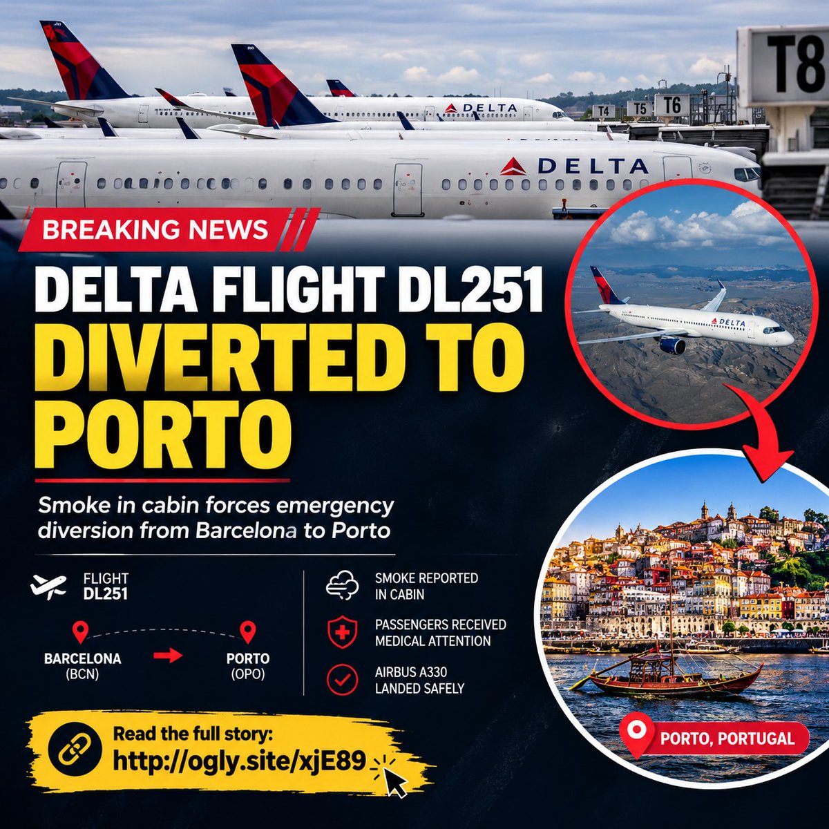wexlerkim35's tweet photo. 🚨 BREAKING: Delta flight DL251, traveling from Barcelona to Boston, was diverted to Porto, Portugal, after smoke was reported in the cabin.
The Airbus A330 landed........
👉 Read the full story: https://t.co/elZqBDQBDF
#Delta #DL251 #Aviation #BreakingNews #FlightNews #Porto https://t.co/cAFnqF9yLA