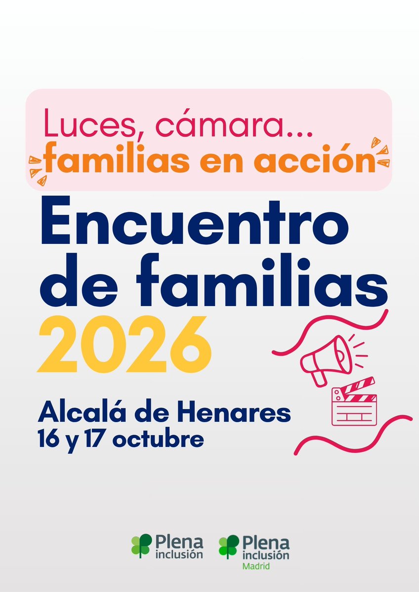 Plenainclusion's tweet photo. 👨‍👩‍👧‍👦¡Familias, os estamos esperando!

📅Os invitamos a participar en el Encuentro de Familias 2026 en Alcalá de Henares los días 16 y 17 de octubre organizado por Plena inclusión España y @PlenaMadrid 

🎞️🎬Una oportunidad para compartir experiencias, fortalecer el liderazgo de las familias y cambiar el guion para pasar a la acción.

💬 Si eres familiar de una persona con discapacidad intelectual o del desarrollo, ¡anímate a participar!

 👉¡Ponte en contacto con tu federación y súmate!

🔗Toda la info aquí: https://t.co/38omvp1ooN