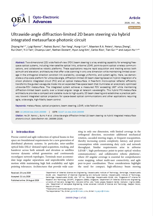 OptoElectronAdv's tweet photo. #OEA_highlight Ultrawide-angle diffraction-limited 2D beam steering via hybrid integrated metasurface-photonic circuit https://t.co/a9udto0O4x by Prof. #Tian_Gu #Juejun_Hu @MIT #metasurfaces #optical #projectors #beam_steering #LiDAR #field_of_view #FOV https://t.co/v83ix6a222