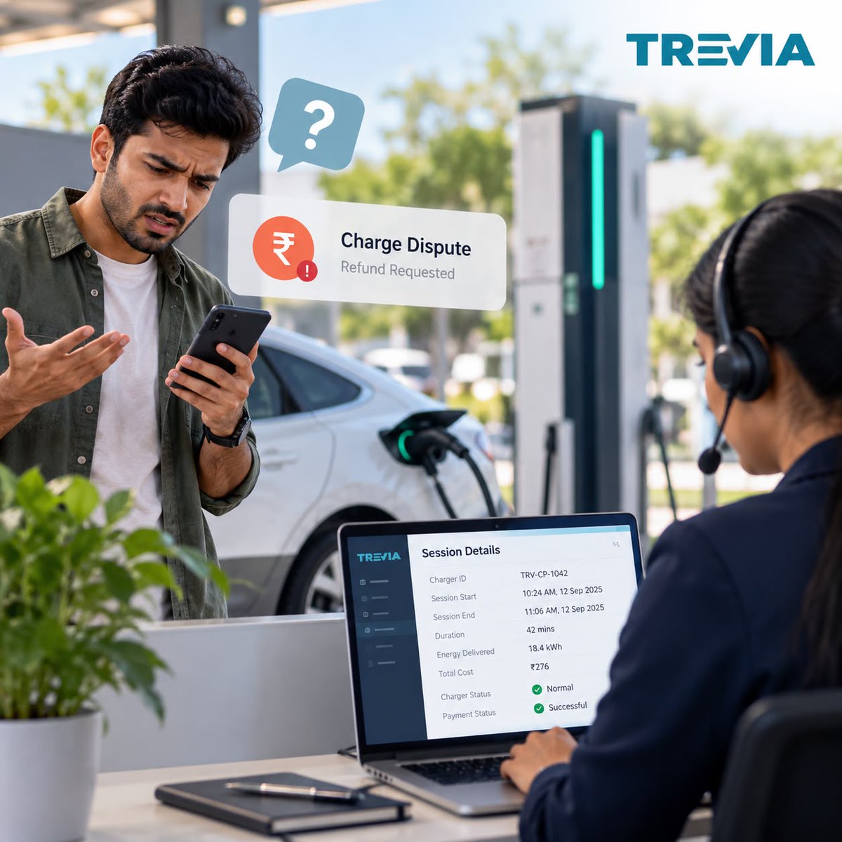 TreviaEV_India's tweet photo. A driver disputes a charge. Now someone has to piece together what happened from fragments across different places. Most CPOs (charge point operators) just refund out of caution to close it fast. https://t.co/sqwnvhHECQ