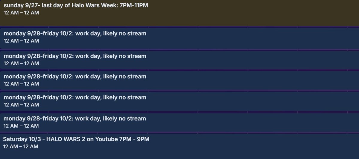 FanboyAruonVT's tweet photo. ok my vacation is over so it's time to actually post a schedule, and courtesy of a schedule maker website, I have two! the weeks of Sunday the 28th (yesterday), to October 11th. https://t.co/1VRVdQ2Yod
