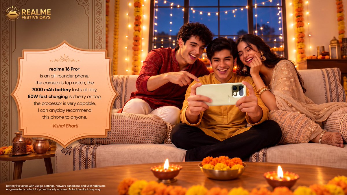 realmeIndia's tweet photo. Recommended by many. Wanted by more. The best time to make it yours is coming soon.
#RealWaliDiwali offers dropping soon!
Know More:
https://t.co/G79woXwGmO https://t.co/3D1bKkLROT
#realmeFestiveDays #realmeindia #MakeItReal
#realme16ProPlus https://t.co/ZUfZ6OzAqS
