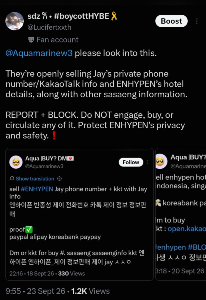 Lucifertxxth's tweet photo. The same sasaeng who was publicly selling Jay’s private phone number blocked me for calling them out. yeah. that says enough.

Report this account @Aquamarinew3 under sharing personal information/private information. Let’s keep reporting until the account is taken down. https://t.co/NLrnFYeBFV