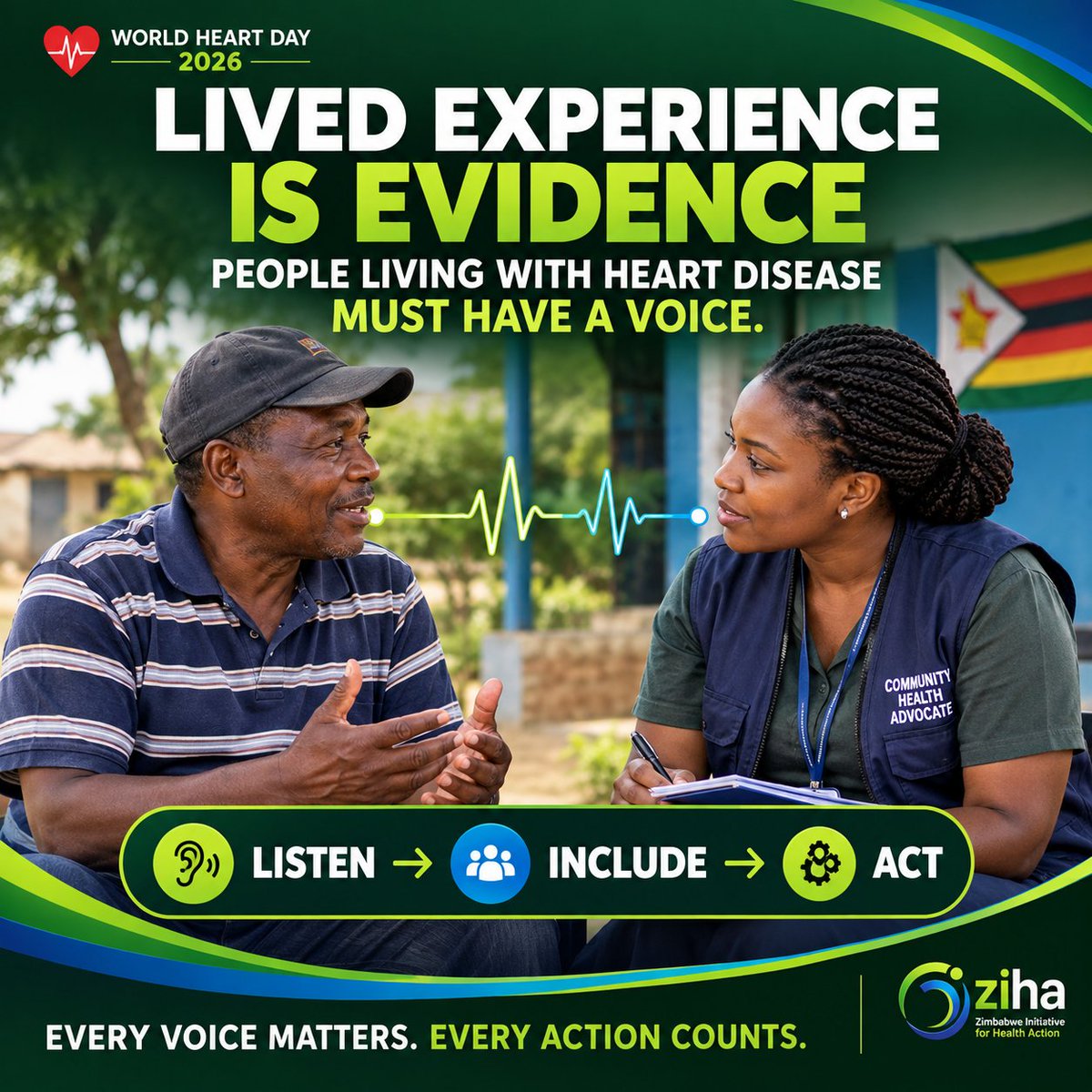 zihazimbabwe's tweet photo. LIVED EXPERIENCE IS EVIDENCE.

People living with cardiovascular disease know what works, what doesn’t, and what must change in care.

Listen. Include. Act.

@MoHCCZim @ncdalliance
#WorldHeartDay #LivedExperienceLeads @worldheartfed https://t.co/tXxpptXr2t