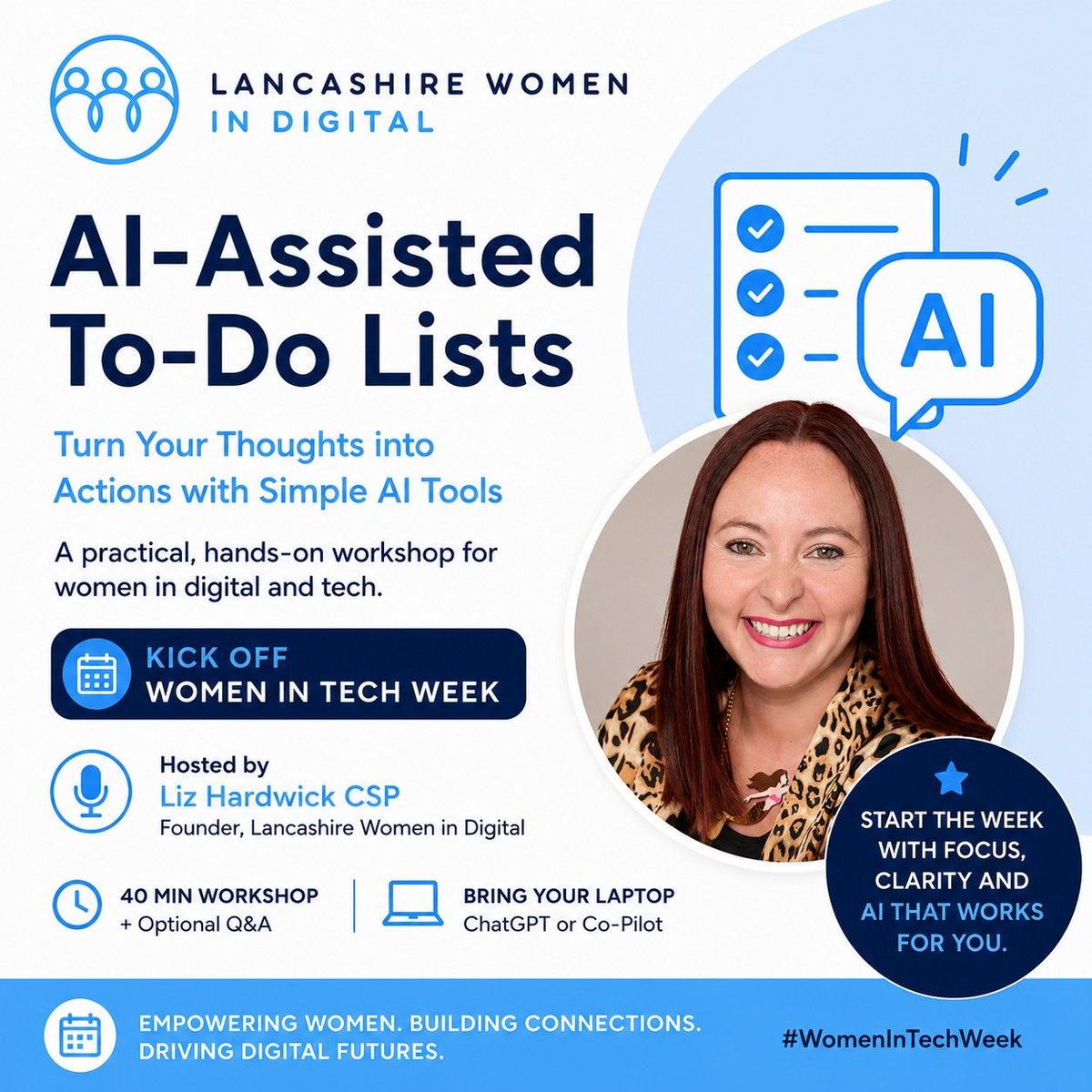 Tech_Geek_Girl's tweet photo. #WomenInTechWeek is happening 12th - 16th October 2026, and with my Lancashire Women in Digital (#LWID) Founder hat on, I'll be running a special session - 12th October I'll be hosting AI-Assisted To-Do Lists - https://t.co/S08aoC8aRX (all genders welcome) https://t.co/5vFfnF1Xqt