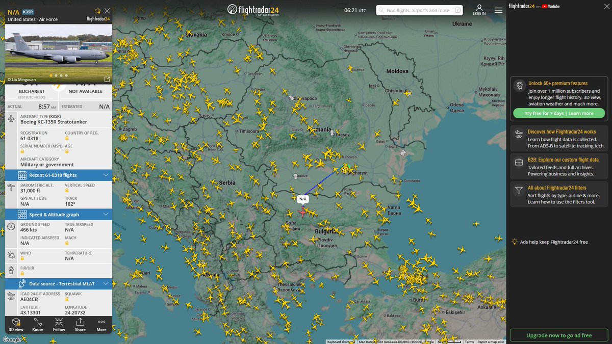 AIYeyENGDdJkjTr's tweet photo. Sept. 28, 2026
#Bucharest, Romania ==> #Tyrrhenian Sea #Province of Livorno, Italy

#NoCALLSIGN #AE04CB USAF KC-135R Stratotanker https://t.co/fVMKWvTNX6