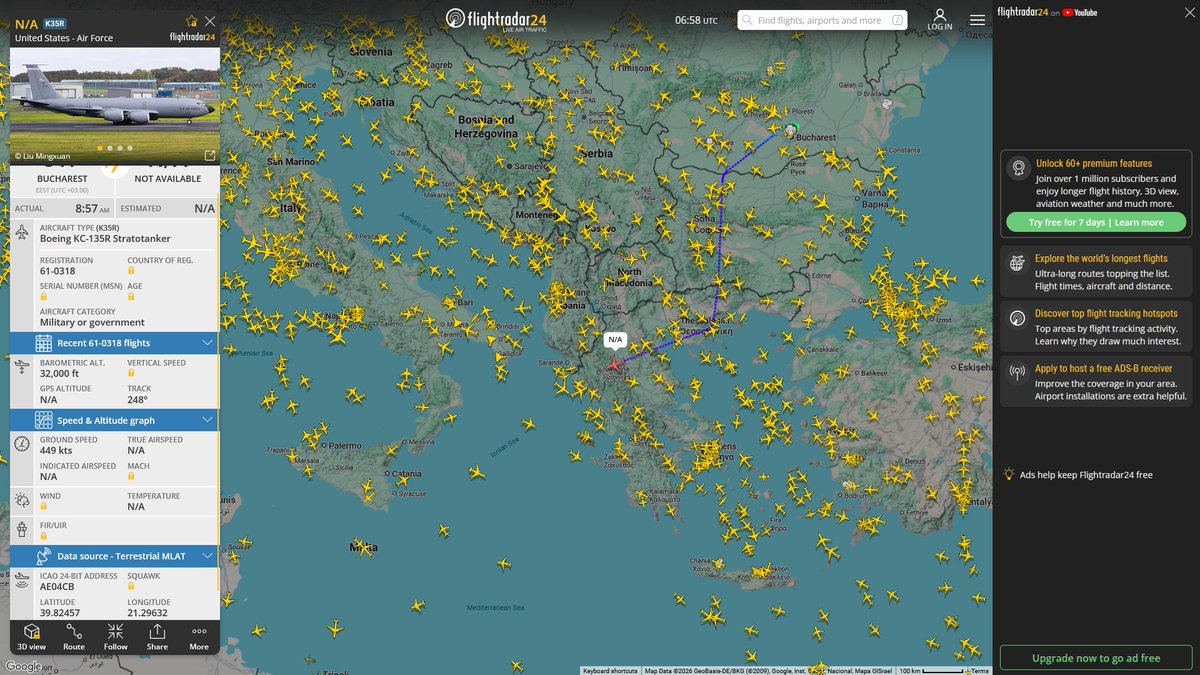 AIYeyENGDdJkjTr's tweet photo. Sept. 28, 2026
#Bucharest, Romania ==> #Tyrrhenian Sea #Province of Livorno, Italy

#NoCALLSIGN #AE04CB USAF KC-135R Stratotanker https://t.co/fVMKWvTNX6