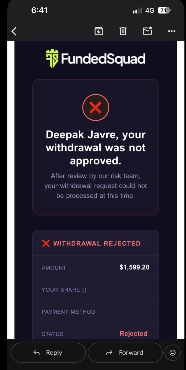 theproptruth's tweet photo. 🚨$1,599 Withdrawal Rejected by FundedSquad —  Alleging  so called rule  “Copy Trading”Raises Questions 🚨 

No valid reason has been provided by the FundedSquad team so far, even after 26 days.

According to  trader @javrefx his $1,599.20 withdrawal from FundedSquad was rejected after a risk review.

According to the trader:

FundedSquad allegedly told him the account was blocked for “copy trading.”
He denies copying another trader’s trades.

When he requested evidence, he says the firm provided an Excel sheet showing allegedly matching trades and timestamps.

The trader disputes that this proves copy trading and says he has asked FundedSquad to provide the other trader’s MT5 history or identifying information so the trades can be independently compared.

He says he has received no further response to that request.

The screenshot of the rejection email itself only states that the withdrawal “could not be processed at this time” after review by the risk team; it does not state the copy-trading allegation or the specific rule allegedly breached.

FundedSquad’s published rules currently allow copy trading between a trader’s own accounts, including accounts at another prop firm, but prohibit third-party copy trading and signal-based trading. The firm says suspicious copy-trading activity can be reviewed and can lead to disqualification. 

So was the breach actually valid?

Based only on these screenshots, there isn’t enough evidence to independently establish that the trader broke the rule. An Excel list of matching trades could be evidence for a risk review, but the key question is whether those similarities demonstrate actual copying under FundedSquad’s rules.

At the same time, the trader’s denial alone doesn’t prove that no copying occurred.

The missing piece is transparent evidence:

If FundedSquad has identified another account whose trades allegedly match, showing the relevant trade records with appropriate privacy protections would make the basis for the decision much easier to assess.

$1,599 rejected. Copy trading alleged. Evidence disputed.

The question now is whether this was a genuine rule violation or a risk-review/technical detection issue that needs clarification from the firm.
@fundedsquad @ajwadthefalcon