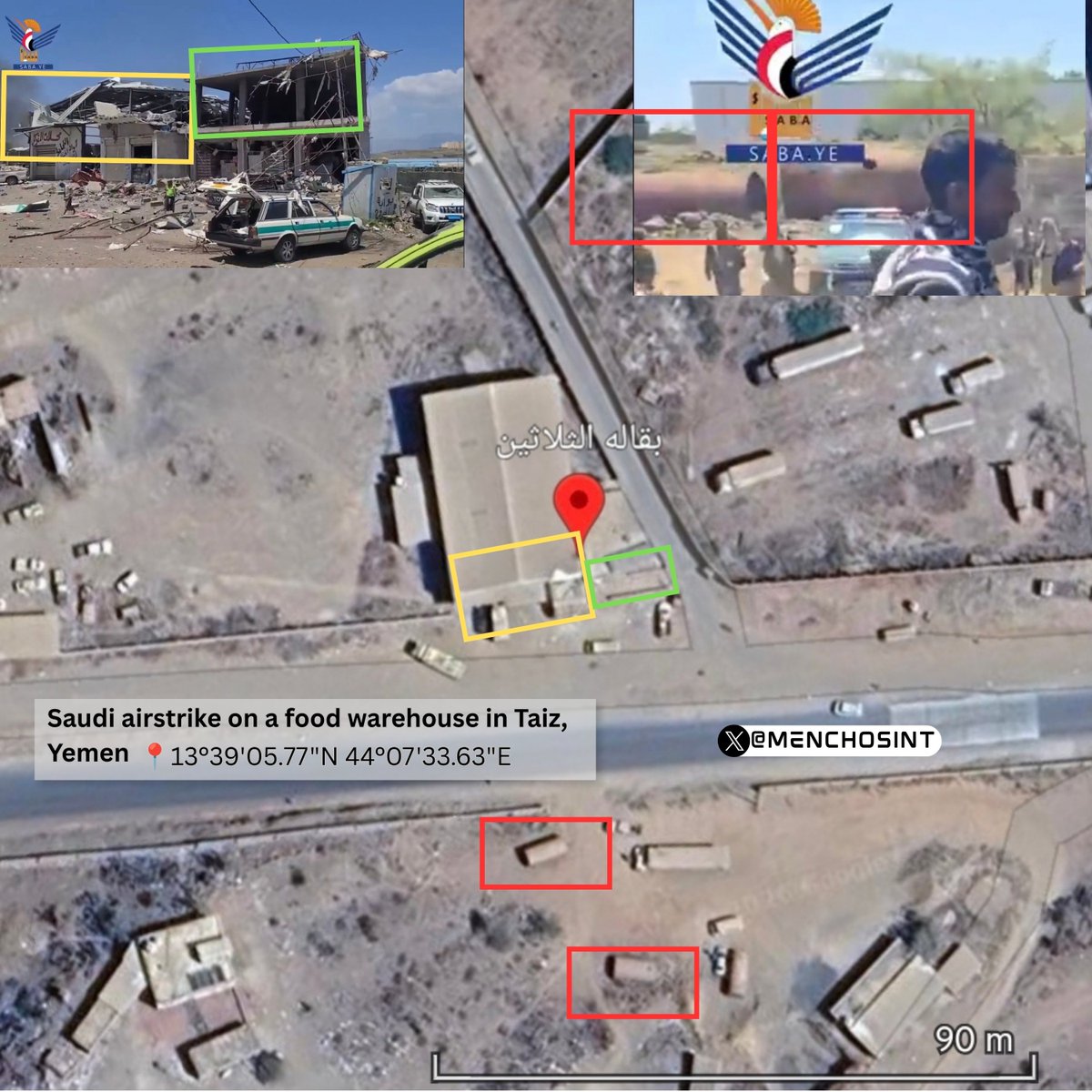 MenchOsint's tweet photo. 📍Geolocation of the food warehouse struck by the Saudi Air Force yesterday in Yemen.

13°39'05.77"N 44°07'33.63"E (ht @war_cube)

No military facility around, just vegetables/fruits depots.. in a country that already faces food insecurity due to Saudi blockade. https://t.co/bDFkwAoXu5