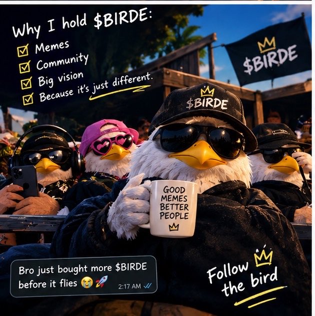 __thatbadg's tweet photo. this $BIRDE is starting to make sense.

there’s something about the whole vibe, the bird, the memes, the community, the vision.

it doesn’t feel like another random ticker thrown at the timeline just to farm a few candles.

the whole bird + binoculars thing actually fits the project too well.

i don’t know what the market has planned, but you can’t deny the meme potential here.

100x is always the dream, but the real game is finding the ones with a story people actually want to follow.

for now, i’m just watching @birdeyememe.🦅