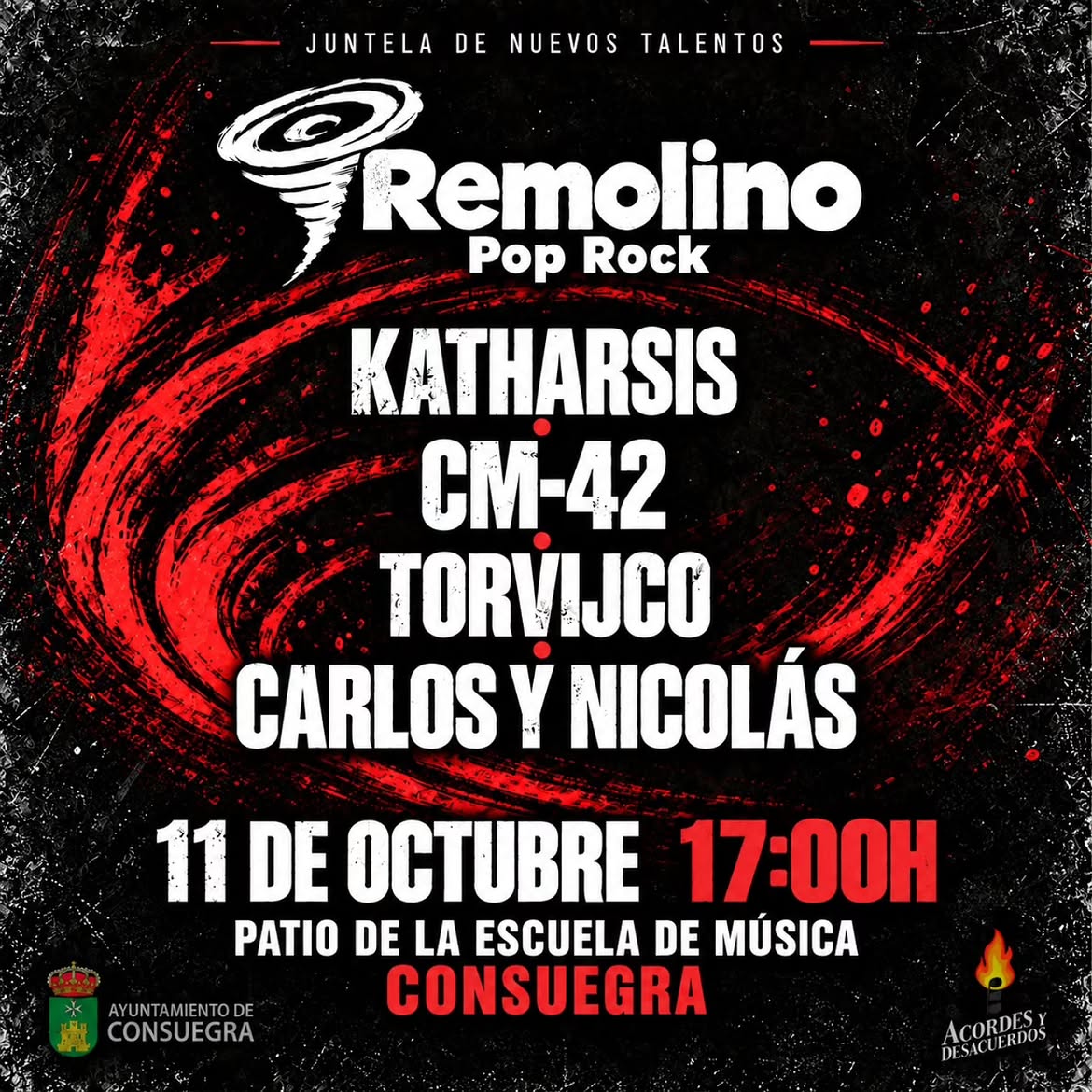 AytoConsuegra's tweet photo. 🌪️ REMOLINO POP ROCK 2026. Juntela de nuevos talentos

🎸 Nuevos grupos. Nuevas canciones 🎶. Y una buena excusa para juntarnos 😍

📍 Patio de la Escuela de Música
🕔 17:00 h
📅 11 de octubre

Nos vemos en el Remolino 🙋🏻

👉 https://t.co/bfJjnsxCK3 https://t.co/fZ42fgXxDM