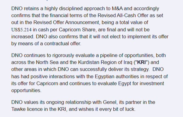 WShak1's tweet photo. Genel "wins" its bid for Capricorn, after DNO decline to pay a premium to what Genel paid. DNO had previously bid for #GENL as well, but large shareholders not interested.

DNO wish them "every bit of luck".

Seems a bit unprofessional and petty to me.

https://t.co/7JDh48Vo8D https://t.co/CxGr2psUlF