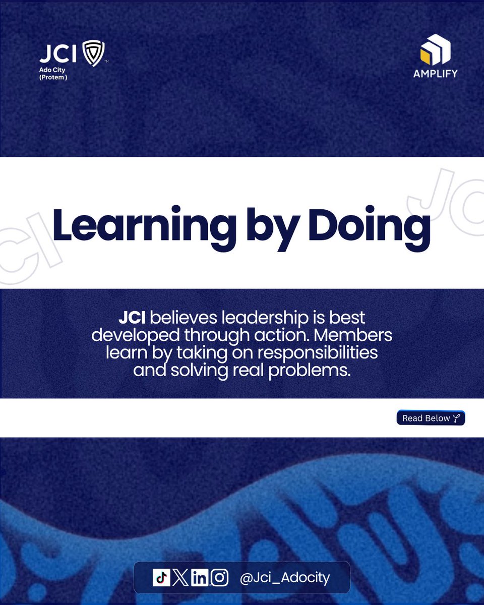 Jci_Adocity's tweet photo. DAY 16 - KNOW JCI

Learning by Doing

JCI believes leadership is best developed through action.

You don’t just learn leadership by reading about it.

You learn by taking responsibility, working with people, making decisions, facing challenges, and solving real problems. https://t.co/XV7sUiJKqX