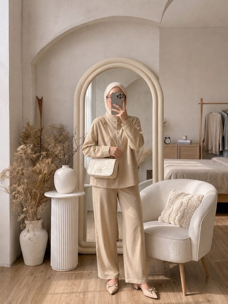 aleyna8034's tweet photo. Soft, feminine, and effortlessly classy. This nude and beige look pairs a cream hijab, striped blouse, wide-leg pants, mini handbag, and bow flats for a simple yet elevated aesthetic. Perfect for daily wear, office looks, cafe dates, and weekend https://t.co/HMqJvpocm4