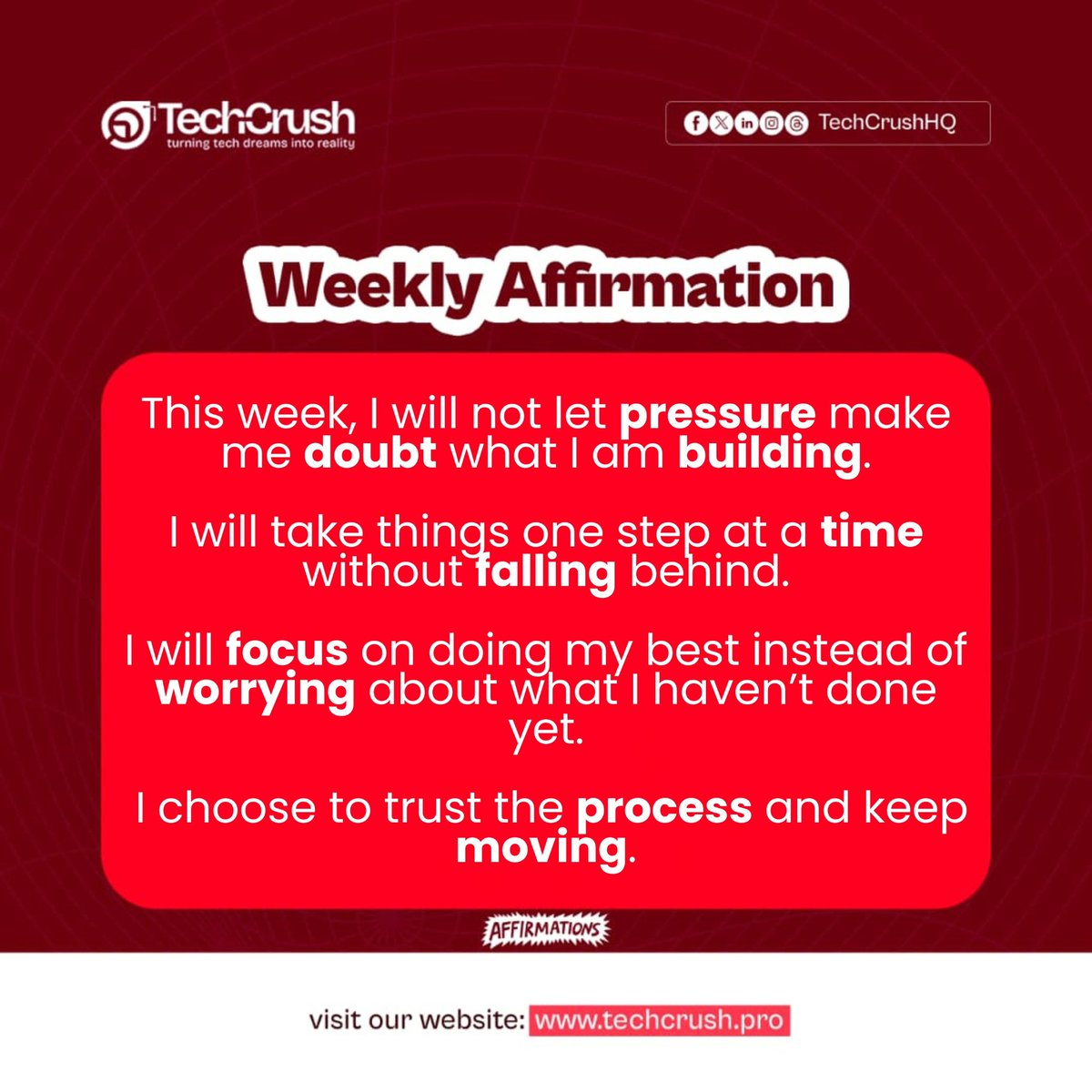 TechCrushHQ's tweet photo. It’s a new week!!

You don’t have to figure everything out this week. Just take the next step, even if it feels small. Don’t let pressure make you rush your process.

Keep going. You’re doing better than you think.

#techcrush https://t.co/INrRK9YkA4
