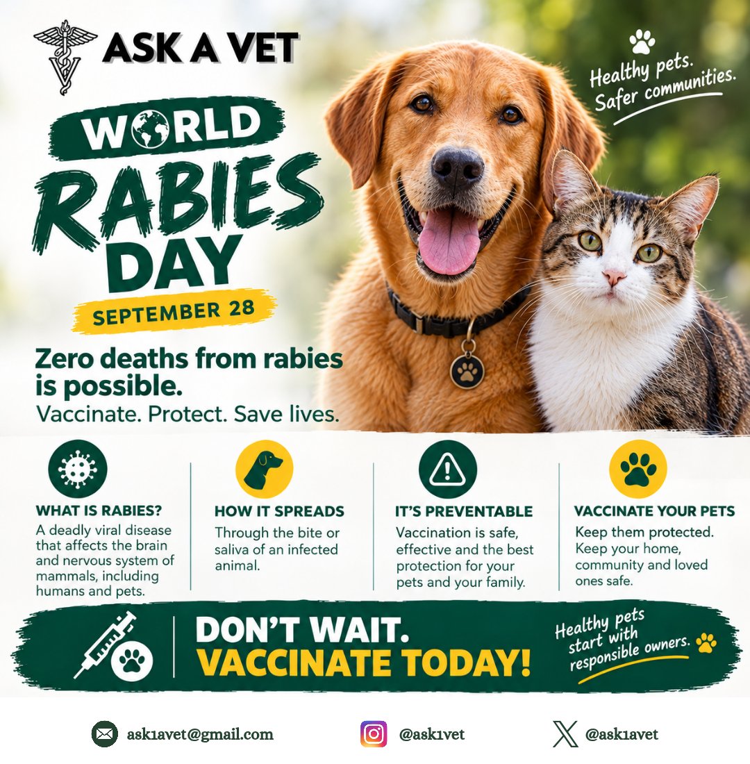 Ask1avet's tweet photo. It's World Rabies day people!
VACCINATE your pets! Get yourself vaccinated if you're in a high risk area. 
Remember, once infection is confirmed, there's only one outcome...
#WorldRabiesDay #onelife #RabiesPrevention #AskAVet https://t.co/59Ah0ZqJwp