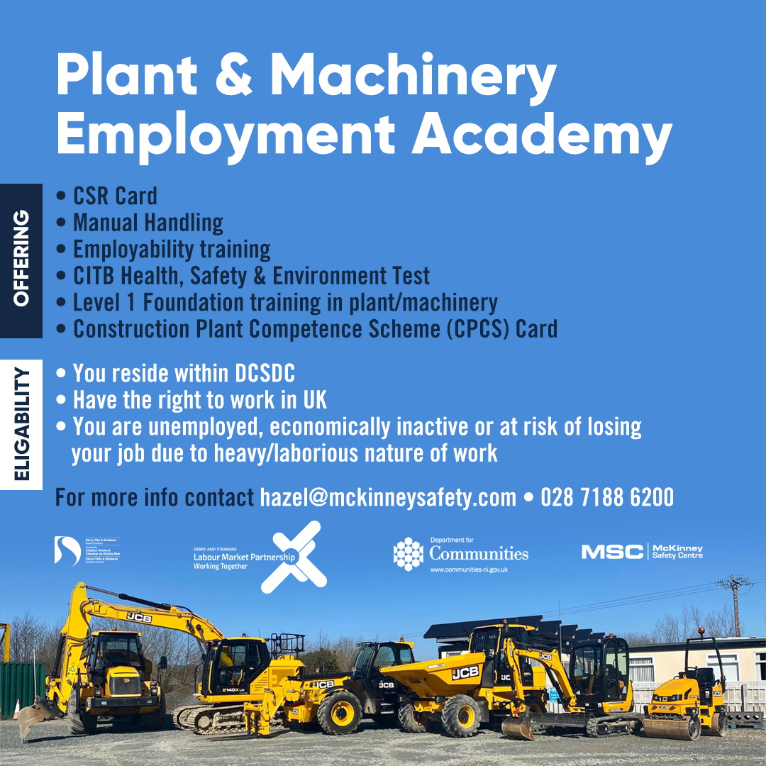 dcsdcouncil's tweet photo. 🚜 Looking to start a career in plant &amp; machinery?

Eligible if you live in the Derry City &amp; Strabane District Council area, are unemployed/economically inactive, and have the right to work in the UK.

📧 hazel@mckinneysafety.com | 📞 02871 886200 https://t.co/mJhngZ5mRe