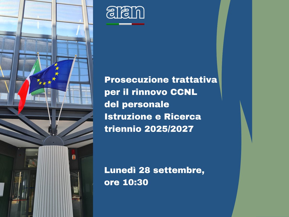 aran_agenzia's tweet photo. Trattativa in corso @aran_agenzia Confederazioni e Organizzazioni #sindacali per il rinnovo del #CCNL personale non dirigenziale #Istruzione e #Ricerca - triennio 2025/2027 https://t.co/smCLMv4kqB