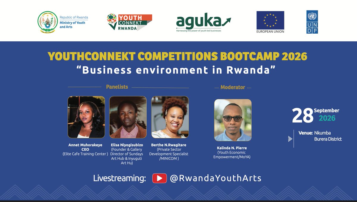 RwandaYouthArts's tweet photo. 🛑LIVE: Kurikira ikiganiro kiri gutangwa ku miterere y'ubucuruzi mu Rwanda; kiri guhabwa ba rwiyemezamirimo b'urubyiruko n'abahanzi bitabiriye amahugurwa ya #YouthConnekt na #ArtsConnekt Awards 2026, Nkumba, @BureraDistrict.

📌Link: https://t.co/mdUe9VZPch https://t.co/qqcMAgk9Eu