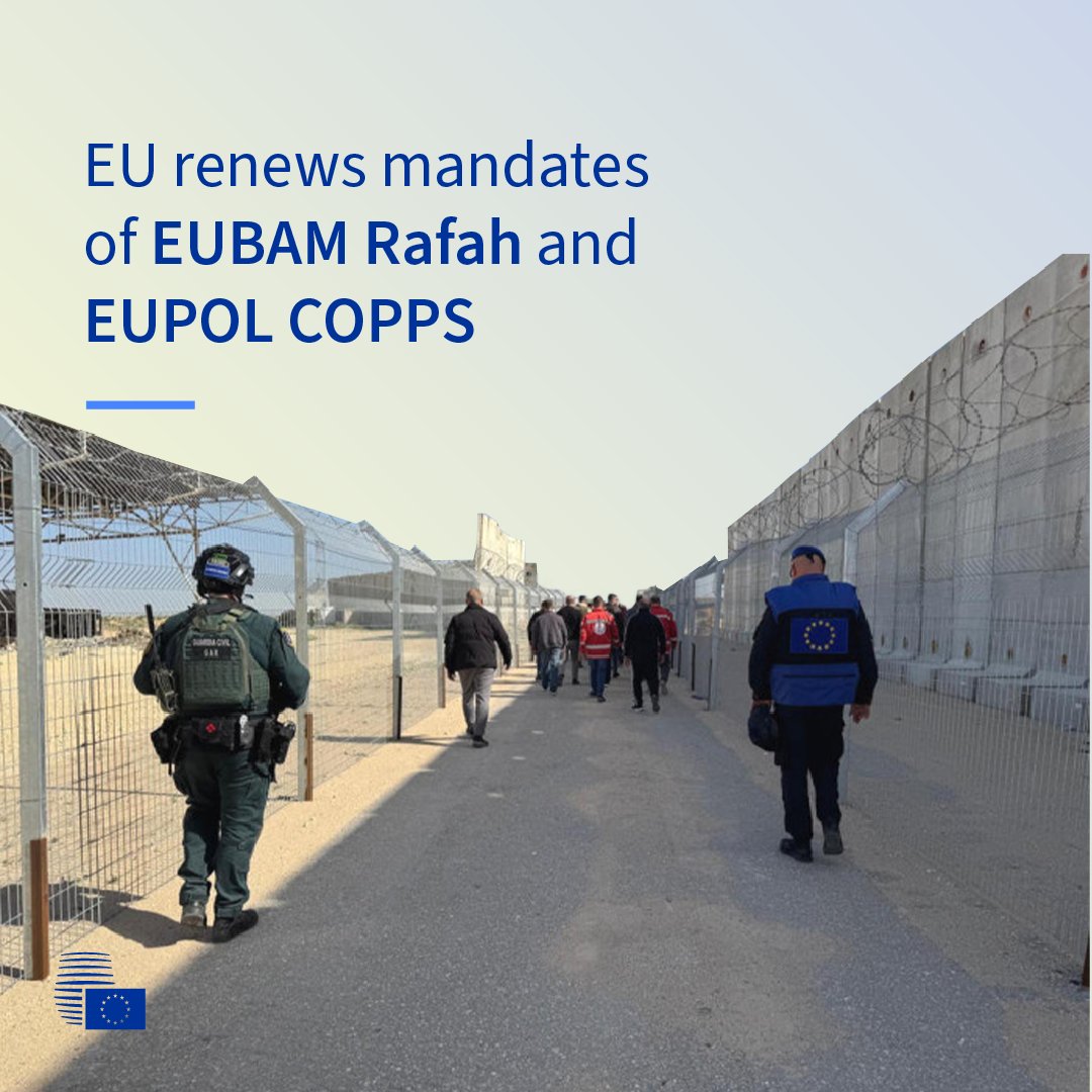 EUCouncil's tweet photo. The Council has decided to renew until 30 June 2027 the mandates of two civilian missions in the Middle East:

📌EU Border Assistance Mission at the Rafah Crossing Point (EUBAM Rafah)
📌EU Police Mission in the Palestinian Territories (EUPOL COPPS)

More: https://t.co/isceDEHArW https://t.co/Su7wxl16iP