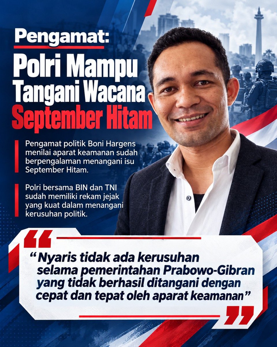 articlte's tweet photo. Pengamat politik Boni Hargens menilai aparat keamanan bersama BIN dan TNI memiliki rekam jejak kuat serta sangat berpengalaman dalam mengantisipasi dinamika isu 'September Hitam'. #SeptemberHitam https://t.co/l0b4Gu6xJn