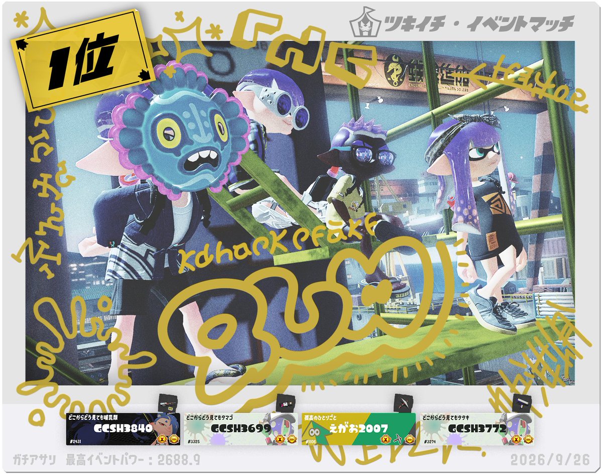 SplatoonJP's tweet photo. 「9/26(土)昼13時～15時」に開催された「ツキイチ・イベントマッチ」の「チーム部門」の上位3チームならびに「ぴったりまんなか賞」を発表するぞ！
おめでとう！
ツキイチ・イベントマッチは次回も開催予定だ。
詳細が決まったらお伝えするので、お待ちいただきたい。 https://t.co/F4kluRYBAx