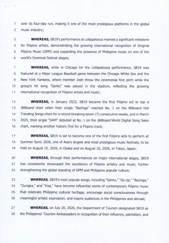 SB19SBLink's tweet photo. The Senate of the Republic of the Philippines formally adopted Senate Resolution No. 545, honoring SB19 for becoming the first all-Filipino, homegrown group to perform at the Lollapalooza Music Festival in Chicago, Illinois. The recognition underscores a major milestone for Original Pilipino Music (OPM) and highlights the growing global presence of Filipino talent.

The resolution likewise emphasizes the need for stronger government support for local artists and the creative economy, including the creation of a dedicated agency for Filipino creatives. Notably, this advocacy reflects causes that SB19 has consistently championed since the group's formation.

SB19 CoCREATED SENATE BILL
@SB19Official #SB19
#SBill19FilipinoCreatives