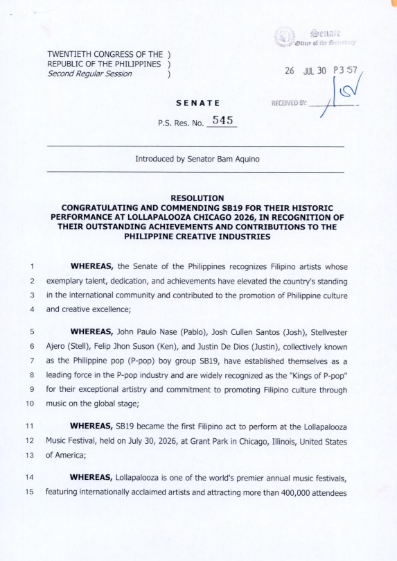 SB19SBLink's tweet photo. The Senate of the Republic of the Philippines formally adopted Senate Resolution No. 545, honoring SB19 for becoming the first all-Filipino, homegrown group to perform at the Lollapalooza Music Festival in Chicago, Illinois. The recognition underscores a major milestone for Original Pilipino Music (OPM) and highlights the growing global presence of Filipino talent.

The resolution likewise emphasizes the need for stronger government support for local artists and the creative economy, including the creation of a dedicated agency for Filipino creatives. Notably, this advocacy reflects causes that SB19 has consistently championed since the group's formation.

SB19 CoCREATED SENATE BILL
@SB19Official #SB19
#SBill19FilipinoCreatives
