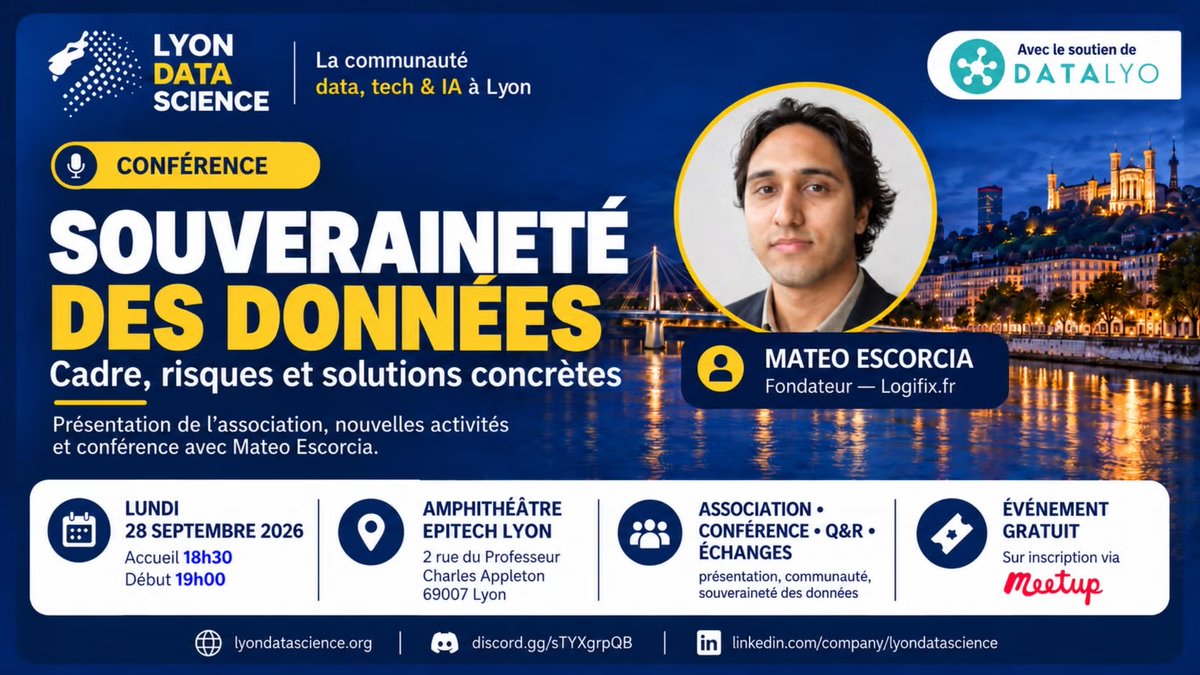 LyonDataScience's tweet photo. Ce soir à Lyon
Lyon Data Science accueille Mateo Escorcia pour :
Souveraineté des données : cadre, risques et solutions concrètes

18h30 — Epitech Lyon
Gratuit
Inscription :
https://t.co/ZWQiWvpSBv

#Data #IA #Cloud #Lyon https://t.co/9fcWGtfHR3