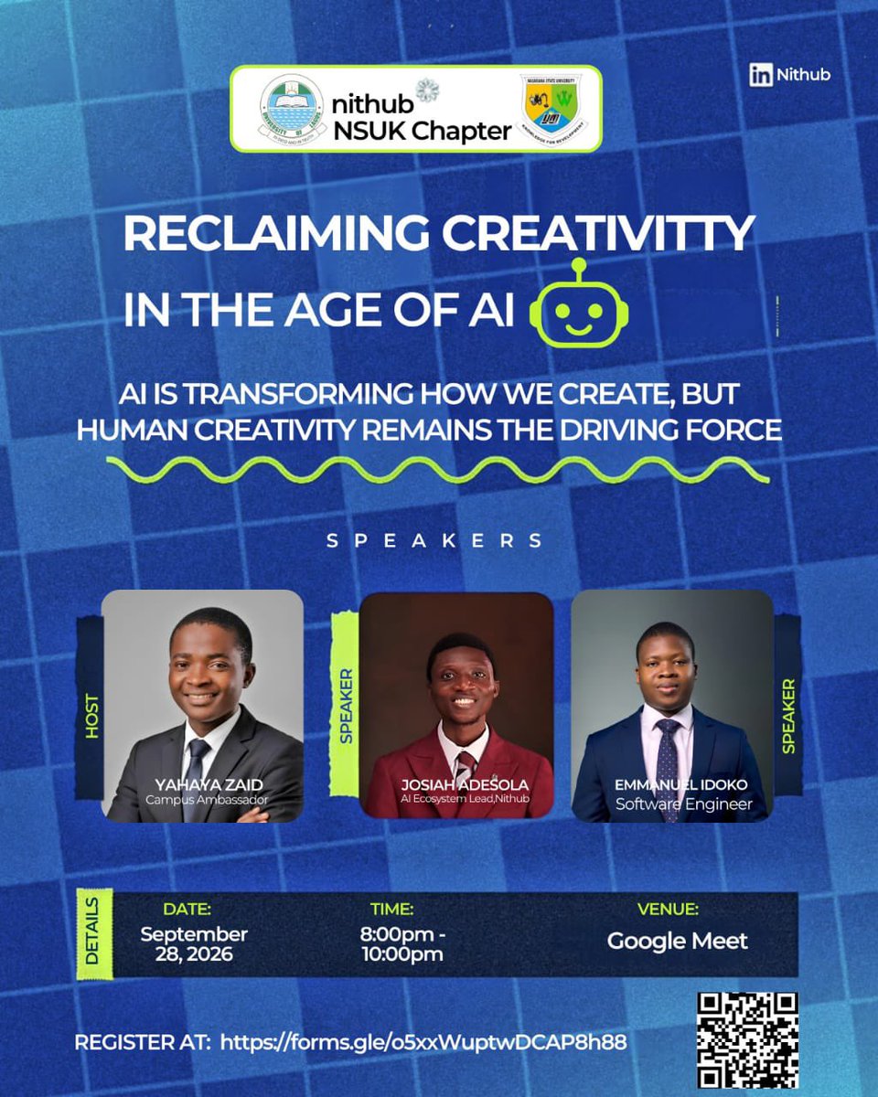 nithub_lag's tweet photo. Nithub NSUK Chapter proudly presents an exciting session exploring how Artificial Intelligence is transforming creativity, redefining opportunities, and empowering the next generation of innovators. https://t.co/4IBjFdVSaO