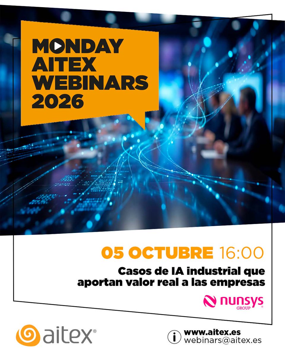 aitex_es's tweet photo. 🤖 ¿Qué casos de IA industrial están generando valor real en las empresas?

Te esperamos en el próximo #MondayAITEXWebinars junto a Nunsys Group.

📅 05 oct. 🕓 16:00 h
💡 Casos de IA industrial que aportan valor real a las empresas

✅ Inscripción: https://t.co/tDTZqMobNC https://t.co/NFgH5WIdQW