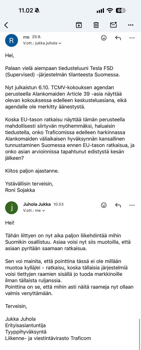 RoniSojakka's tweet photo. Eiköhän spekuloida Traficomin vastausta FSD Suomen julkasuun. En nyt hirveästi saa itse kiinni tosta vastauksesta 🤔 https://t.co/ehzLvDpRJJ