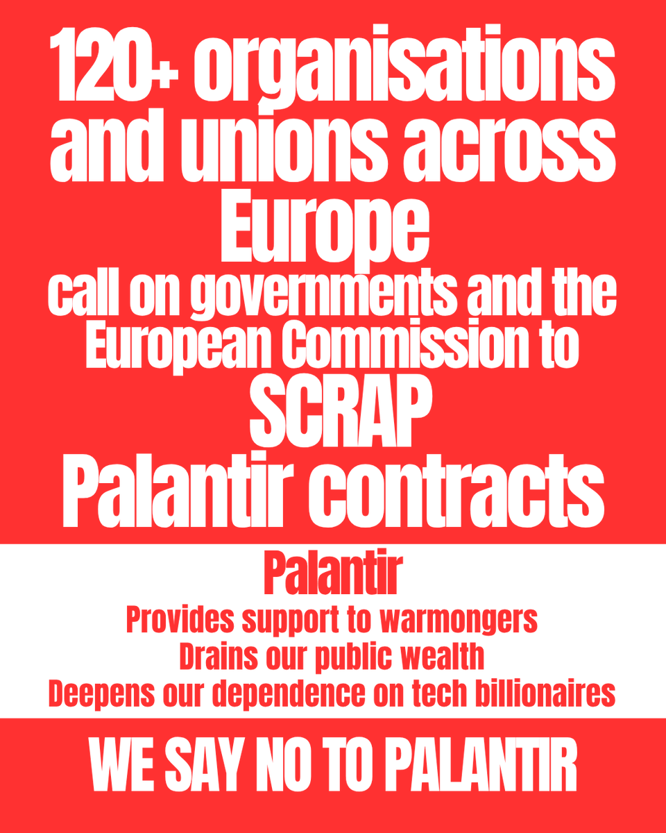 GlobalJusticeUK's tweet photo. WE SAY NO TO PALANTIR 🙅‍♂️

We and 120+ organisations and unions across Europe are calling on our governments and the European Commission to scrap all existing public sector contracts with Palantir.

Read the open letter here: https://t.co/K5QtfUpQFL https://t.co/Nsw2yHDkg6