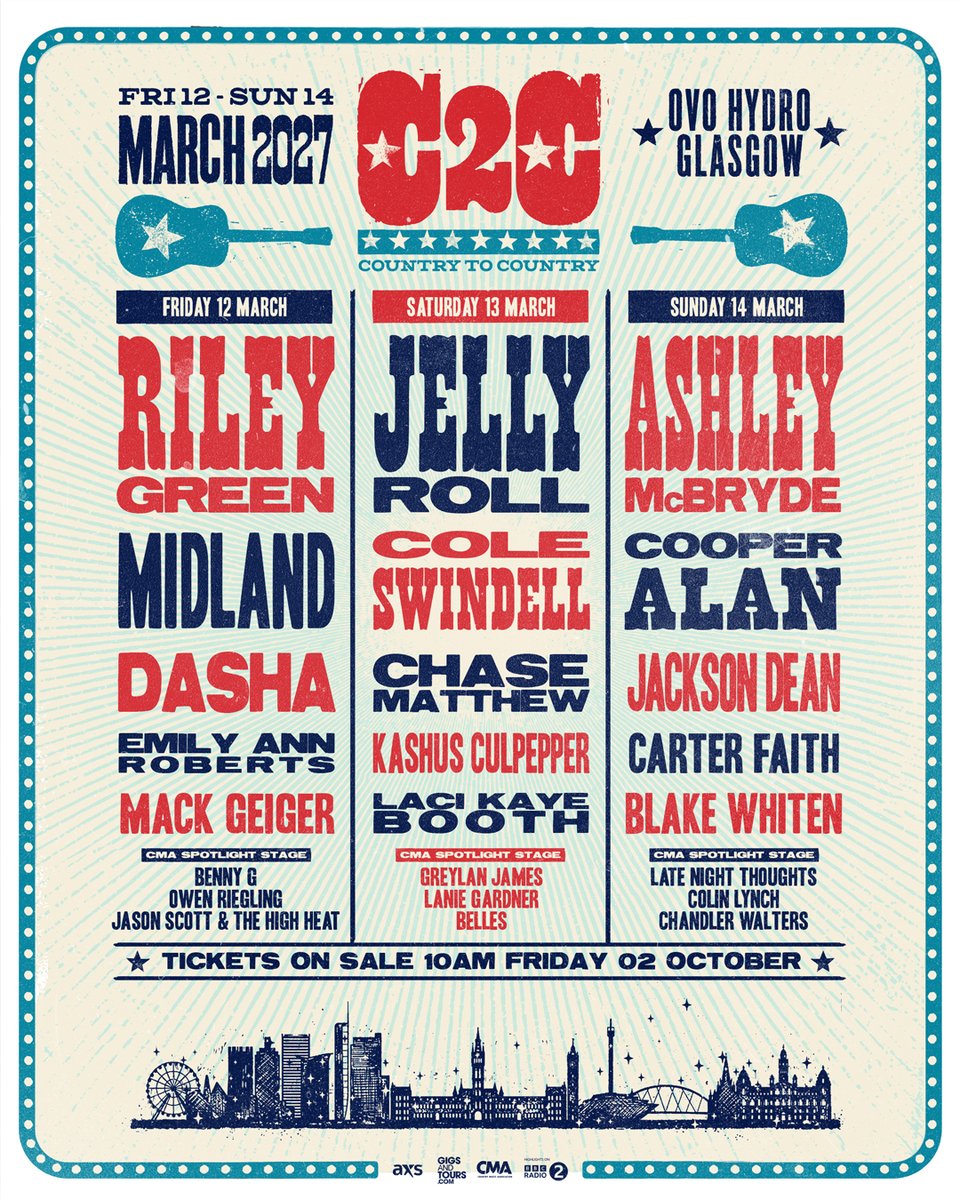 OVOHydro's tweet photo. Hold onto your cowboy hats, the Country to Country 2027 line up is here 🤠

Full weekend and day tickets for C2C will go on sale this Friday at 10am.

More info ➡️ https://t.co/pT8t51nvIj https://t.co/fC2OvLjuIT