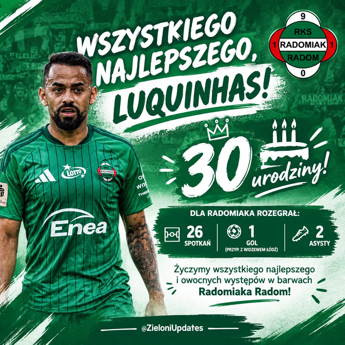 ZieloniUpdates's tweet photo. Feliz aniversário, Luquinhas!

#Radomiak #Radom https://t.co/sDZPOrmixM