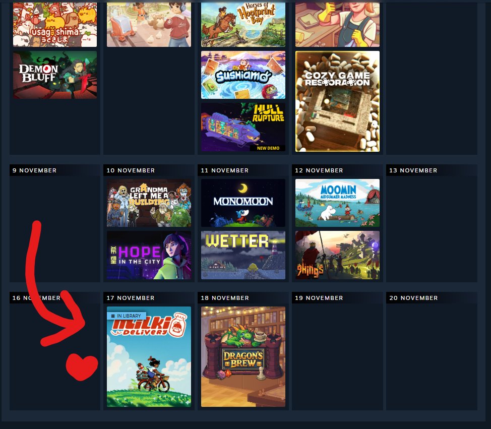 blibloop's tweet photo. That's it! Milki Delivery appears on the Steam calendar! 💖📅
Release day is getting closer!!
Does it appear in your personal calendar? 🤔 https://t.co/8tYt7X3C2a